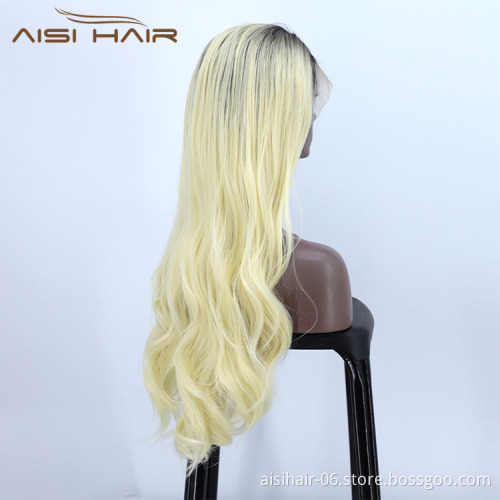 Aisi Hair Top Quality Long Wavy Curly Body Wave Ombre Blonde Lace Frontal Synthetic Hair For Black Women Lace Front Wig